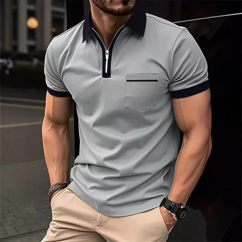 Men's loose fit short sleeve shirt with chest pocket in polyester blend fabric
