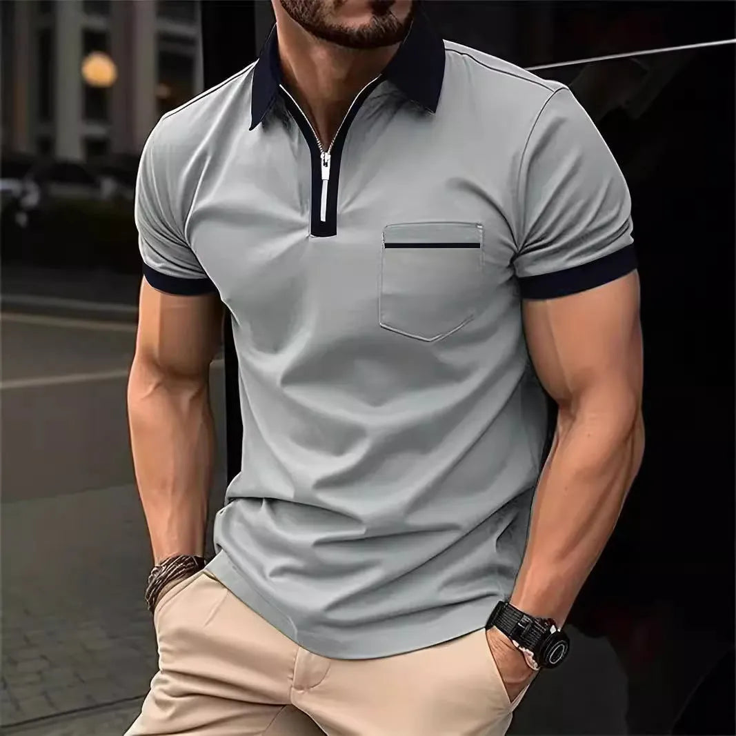 Men's loose fit short sleeve shirt with chest pocket in polyester blend fabric