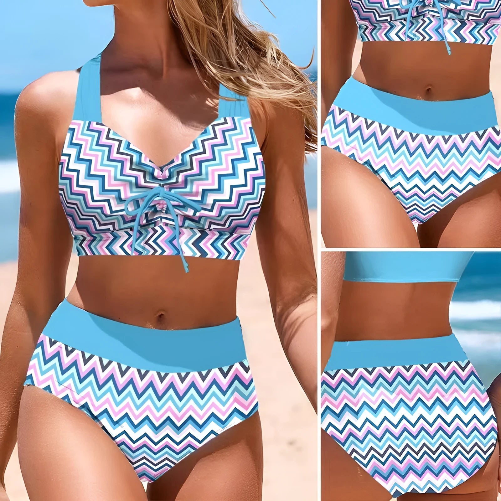 Blue women's cross sling one-piece swimsuit on a mannequin, showing the split design and back detail.