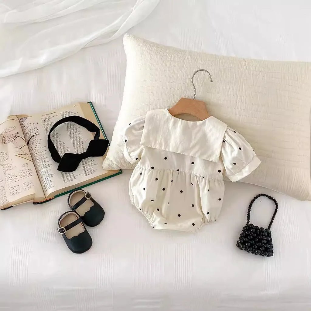 Girls' light beige polka dot jumpsuit with matching headband, Korean style, cotton, baby romper size 66-100cm