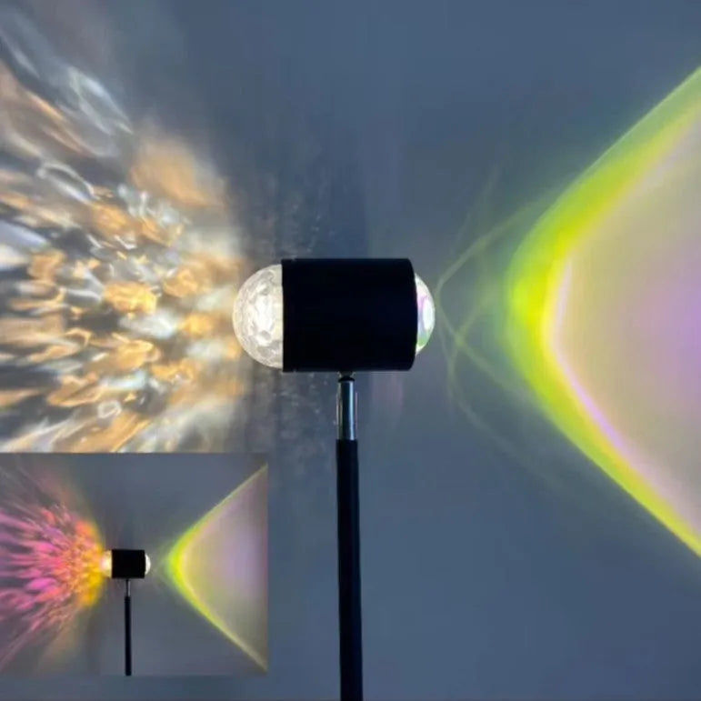 Modern floor lamp projecting water wave light patterns with sunset red or rainbow colour options