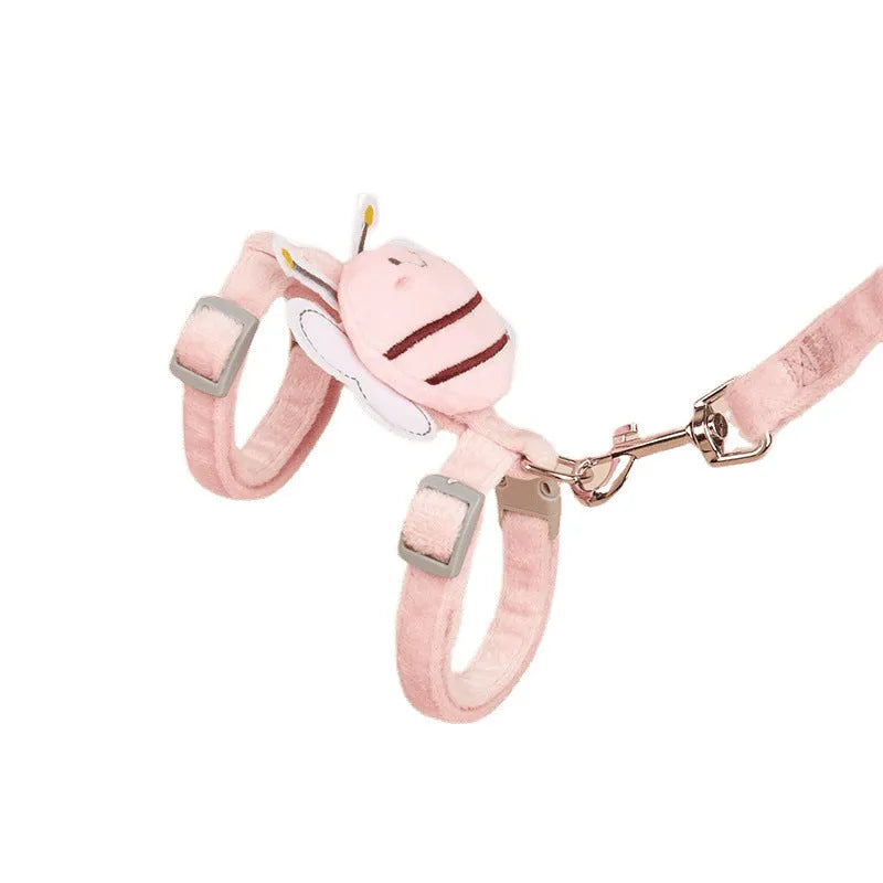 Bee-shaped adjustable cat harness and leash set in blue, pink, or yellow colour.