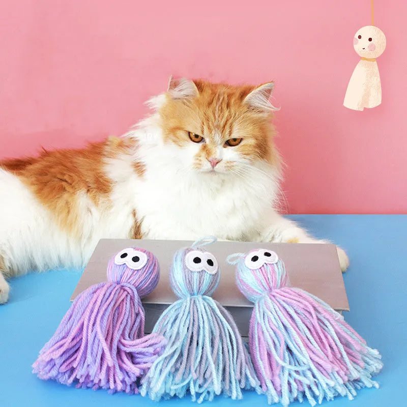 Hanging cat wool ball toy with teaser stick in blue gray, pink blue, or pink purple colour options
