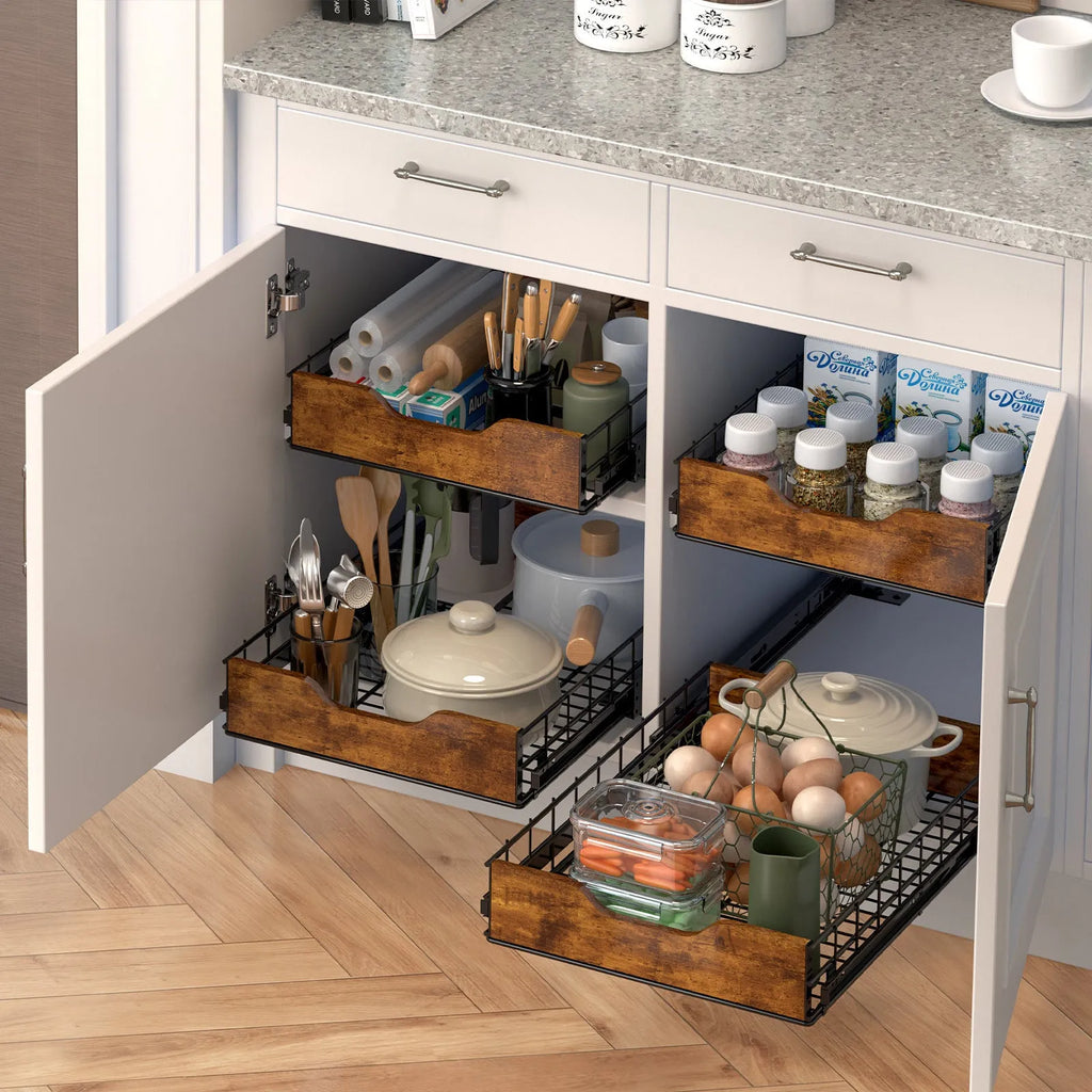 Black modern storage rack with wood frame and iron pull-out basket drawers for kitchen organisation.