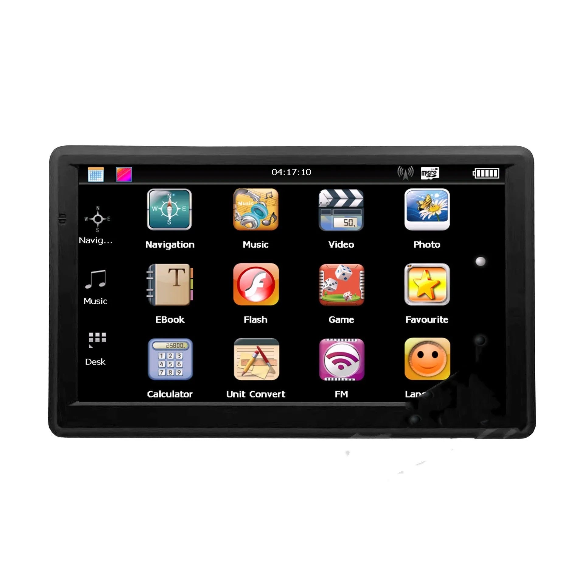 7-inch car GPS navigation device with touch screen showing map, includes bracket and car charger