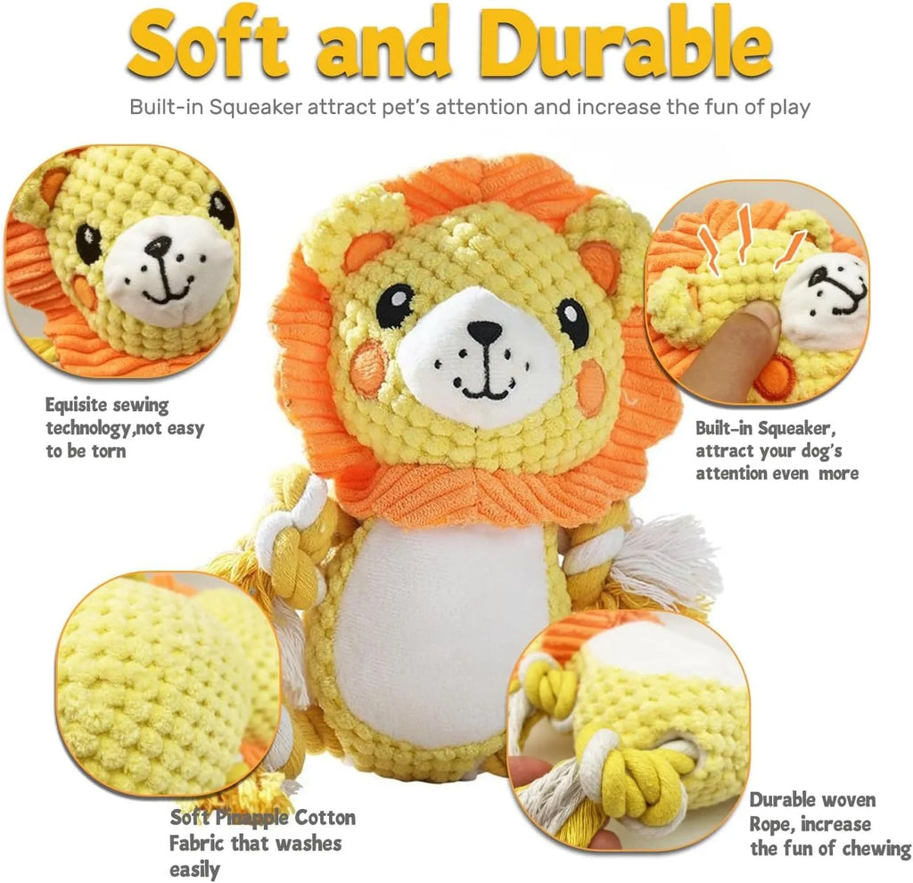Plush squeaky dog toy bundle showing lion and monkey designs for medium to large dogs