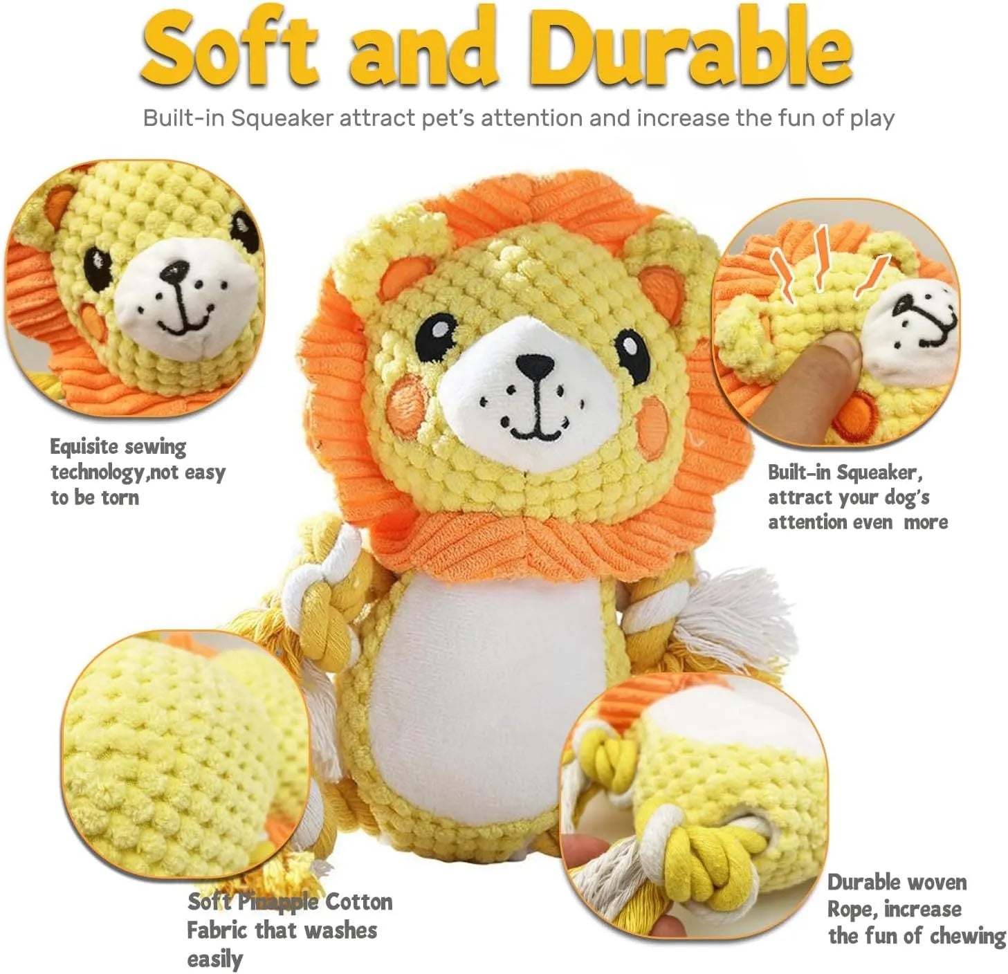 Plush squeaky dog toy bundle showing lion and monkey designs for medium to large dogs