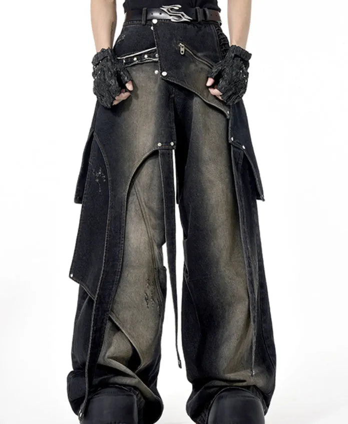 Deconstruction worn jeans for teenagers, cotton denim with zip front, in sizes S M L XL