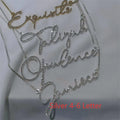 Stainless steel name necklace with diamond-studded letters in silver, available in multiple lengths.