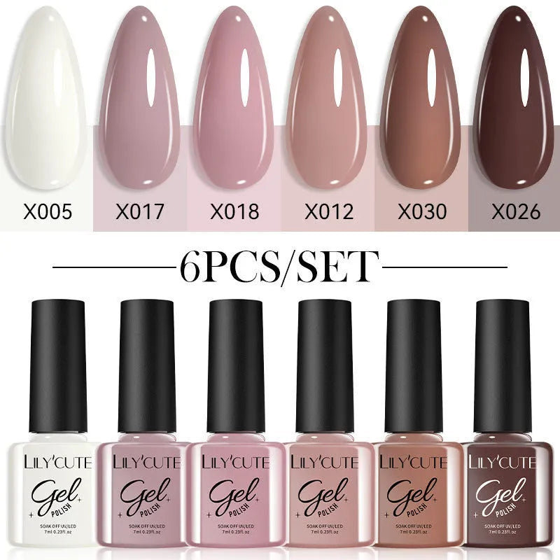 UV gel nail polish set with 20 bottles in glittering nude colours for home manicures