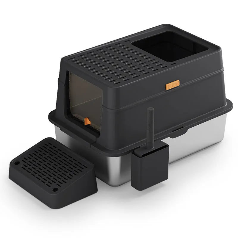 Grey enclosed cat litter box with a foot pedal open, showing the stainless steel dustbin inside.