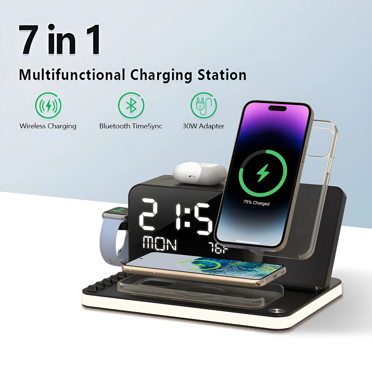 Black 7-in-1 wireless charging station with touch night light, week temperature display, 30W max output, PD fast charge