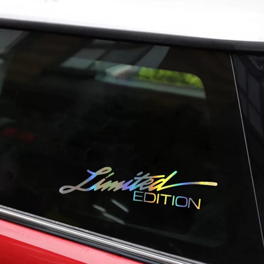 Black laser reflective text car sticker on PET material for vehicle body application.