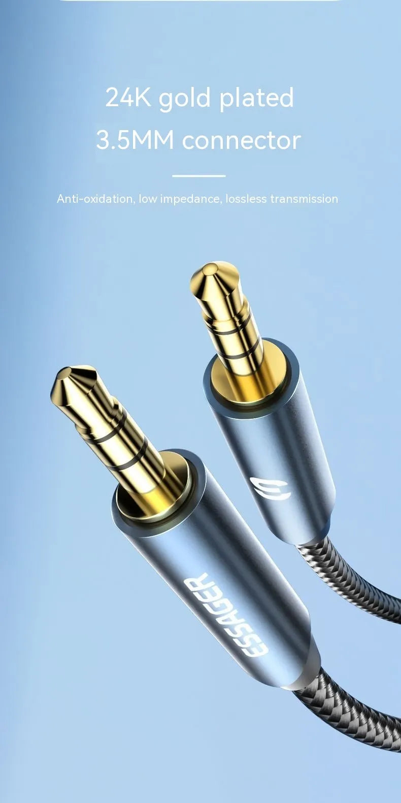 Dark grey 3.5mm public-to-public audio cable with gold-plated connectors for cellphone and vehicle sound equipment