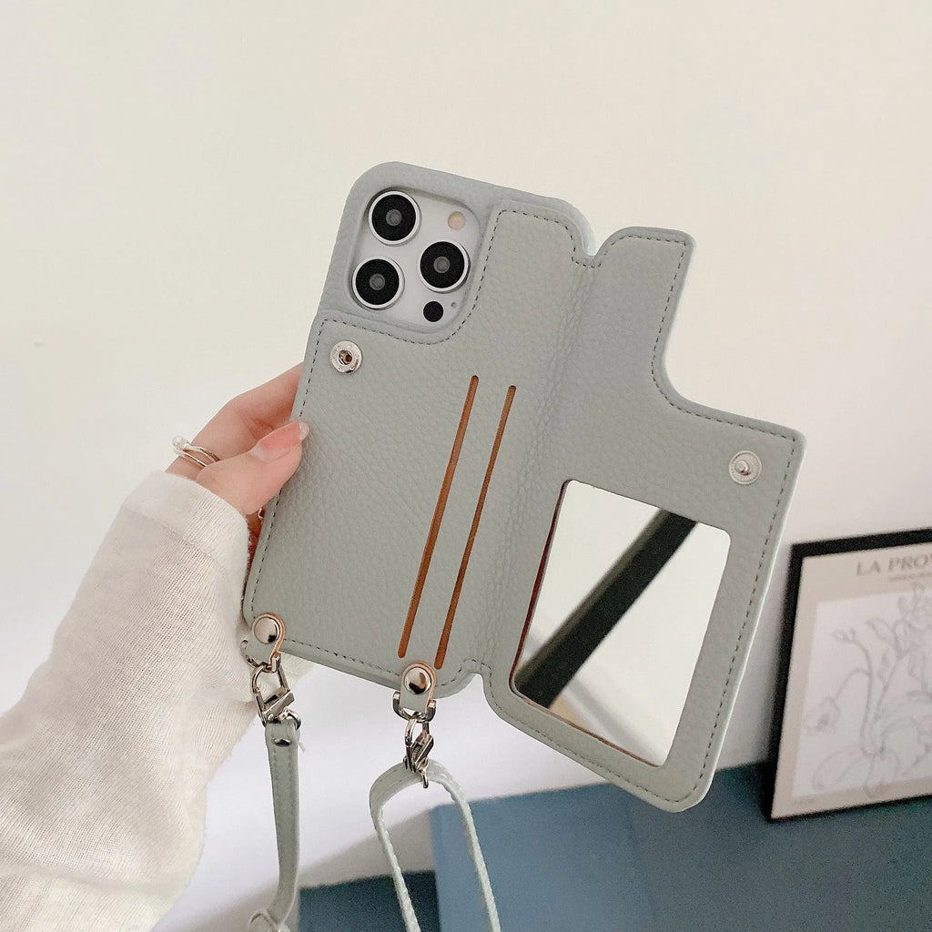 Lychee pattern phone case with card slot beauty mirror and crossbody strap in beige colour