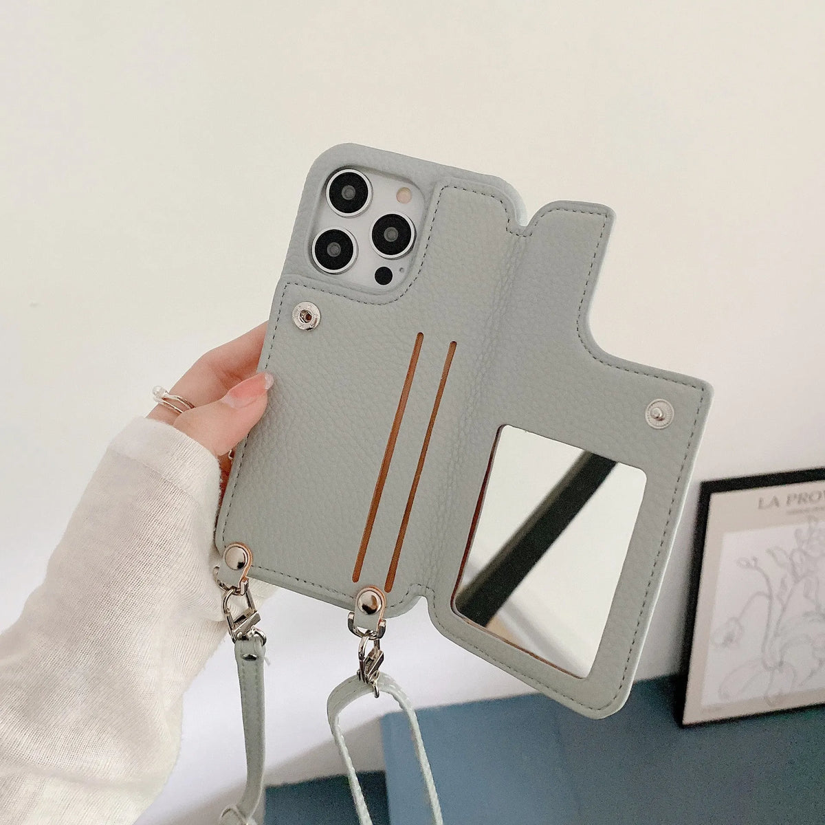 Lychee pattern phone case with card slot beauty mirror and crossbody strap in beige colour