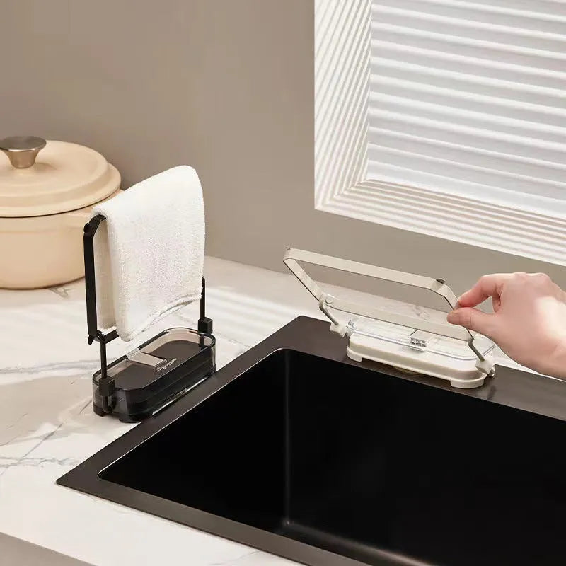 Dark green gold kitchen sink filter rack with suction cups and disposable screens for food scrap collection