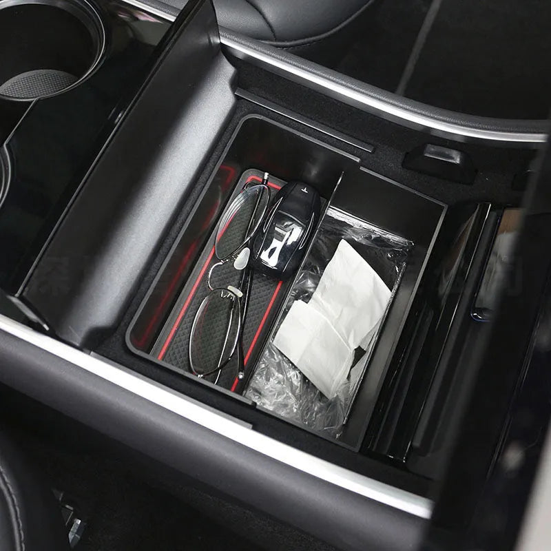 Tesla Model 3Y double-layer car trash can storage box black with red edge non-slip mat