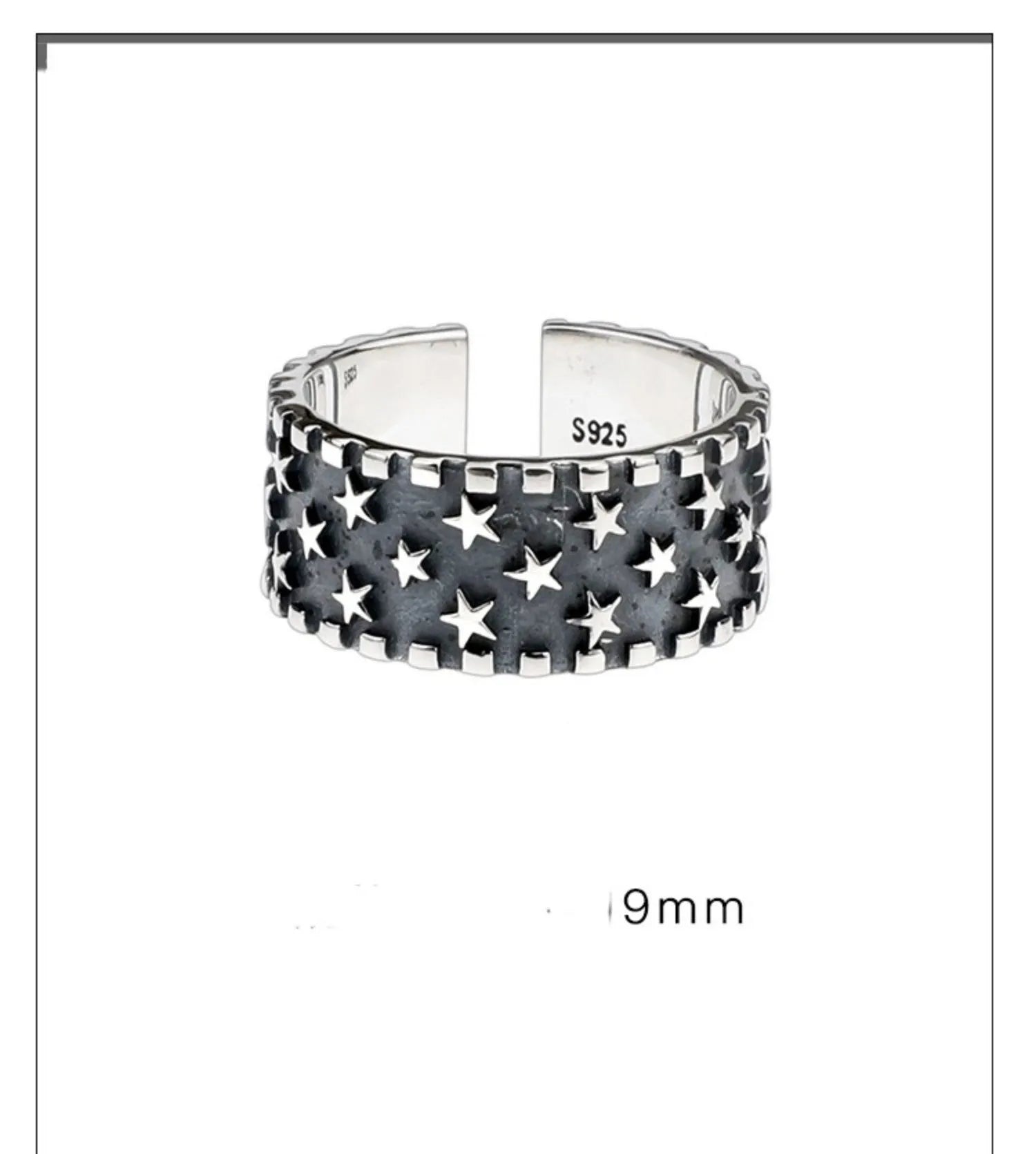Adjustable open-ended sterling silver ring with a geometric multi five-pointed star pattern.