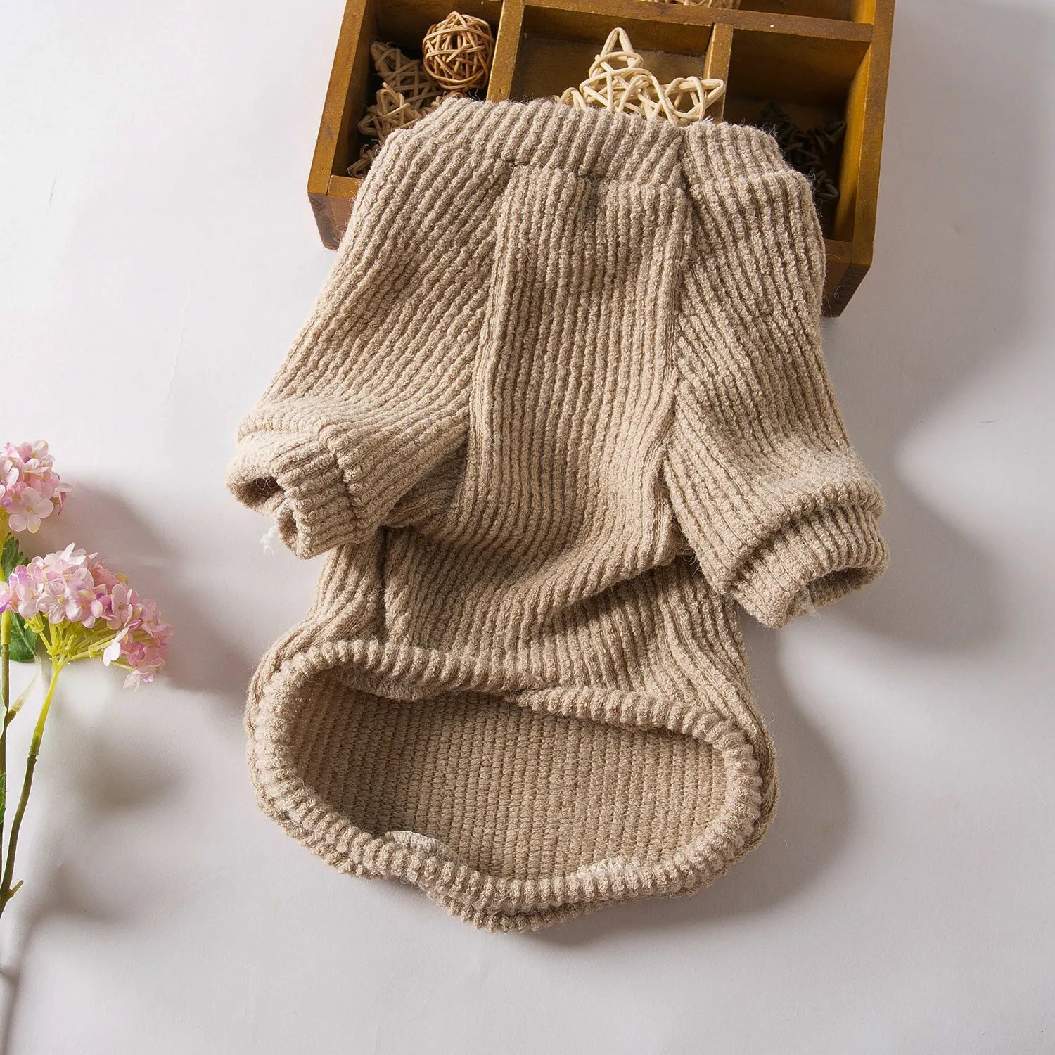 Brown cloth dog sweater pullover for small breeds on model dog