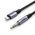 Black braided Apple Lightning to 3.5mm audio adapter cable with aluminium connectors for car use.