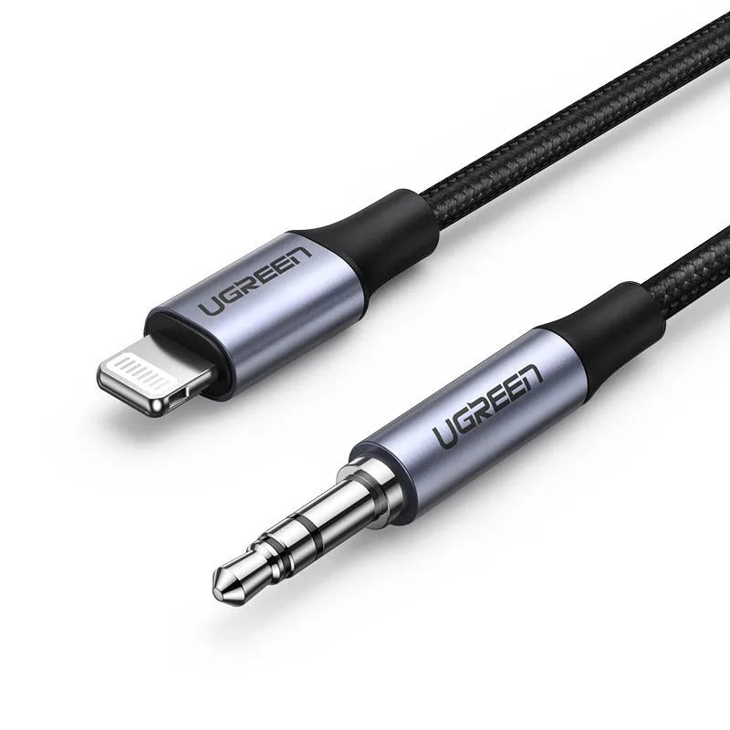 Black braided Apple Lightning to 3.5mm audio adapter cable with aluminium connectors for car use.