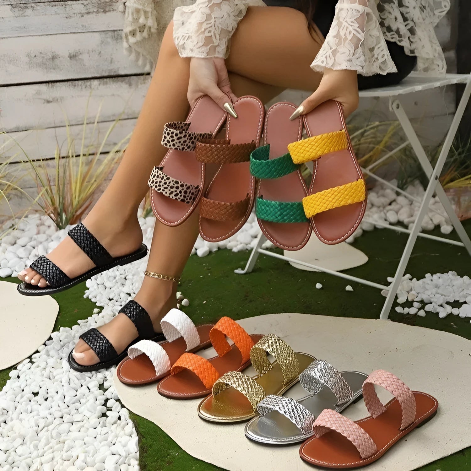 Plus size women's woven beach slipper in a choice of colours with PVC sole and synthetic leather upper.