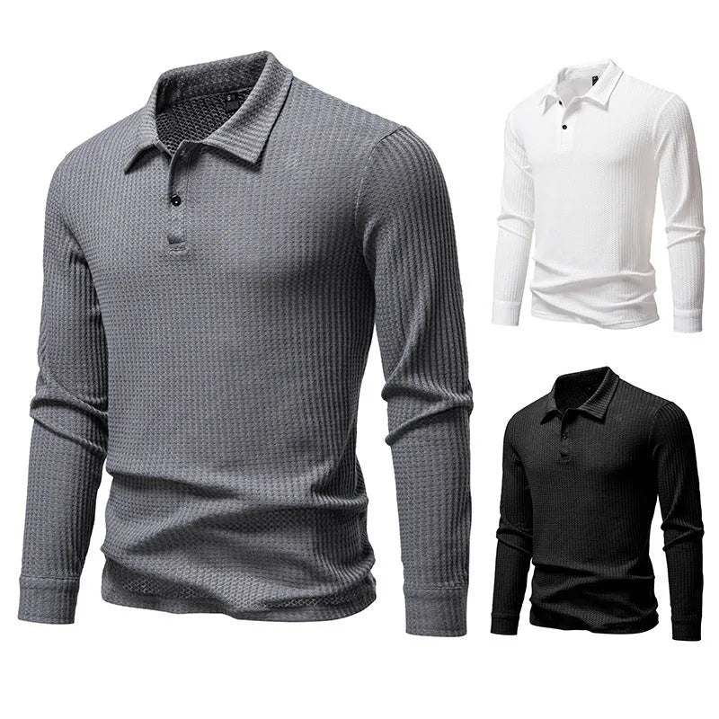 Men's waffle fabric long sleeve lapel t-shirt in black, straight fit pullover