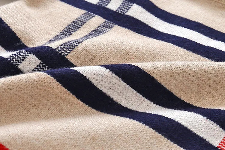 Boys plaid jacquard sweater in apricot and navy blue with long sleeves and pullover style