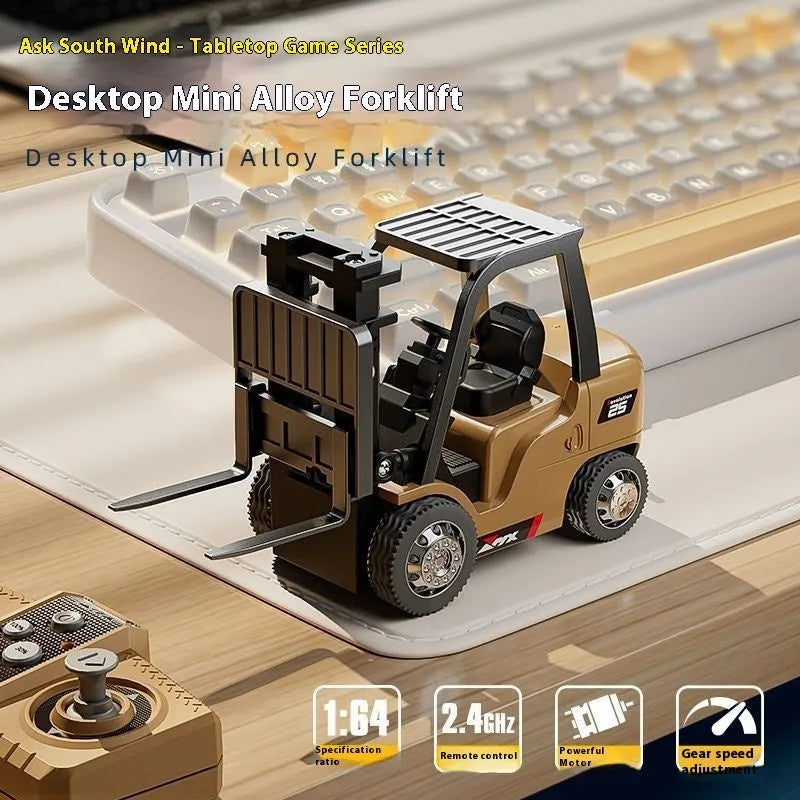 1:64 scale grey alloy remote control forklift toy with mini controller and cargo accessories on a pallet.