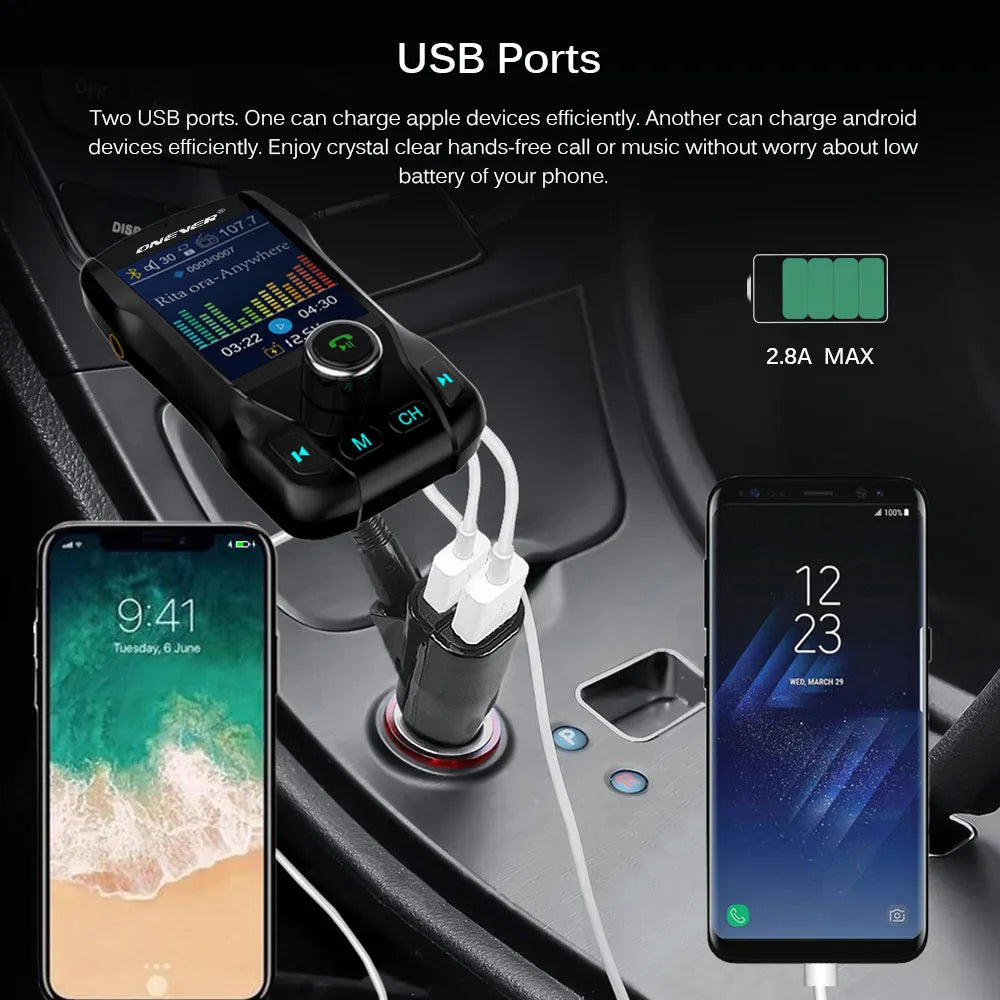 Black car Bluetooth FM transmitter with colour screen and dual USB ports for charging Apple and Android devices