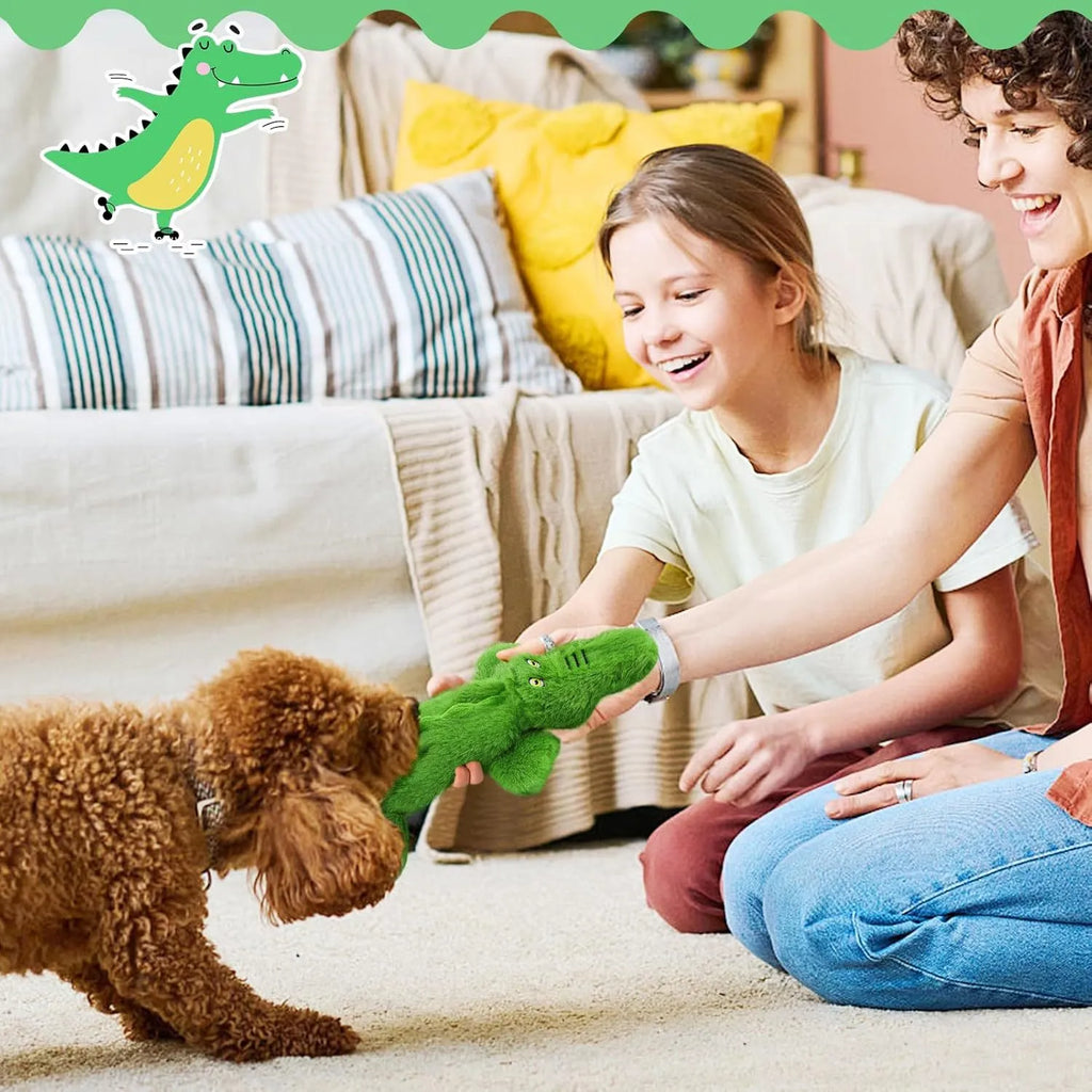 Green crocodile-shaped plush dog chew toy with no stuffing, shown with squeaker and crinkle features.