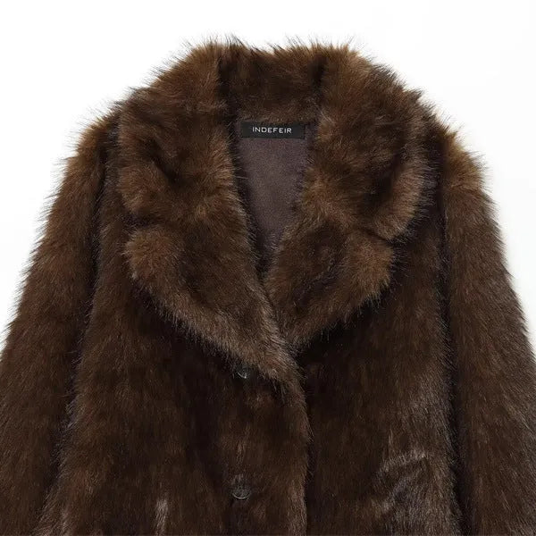 Women's double-sided artificial fur jacket coat in brown with faux fur collar, long sleeves, regular length.