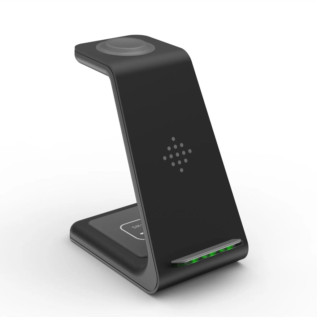 Black 3-in-1 wireless charging station for Samsung Galaxy Watch Active, Galaxy Buds, and iPhone, with 12x10x8cm dimensions