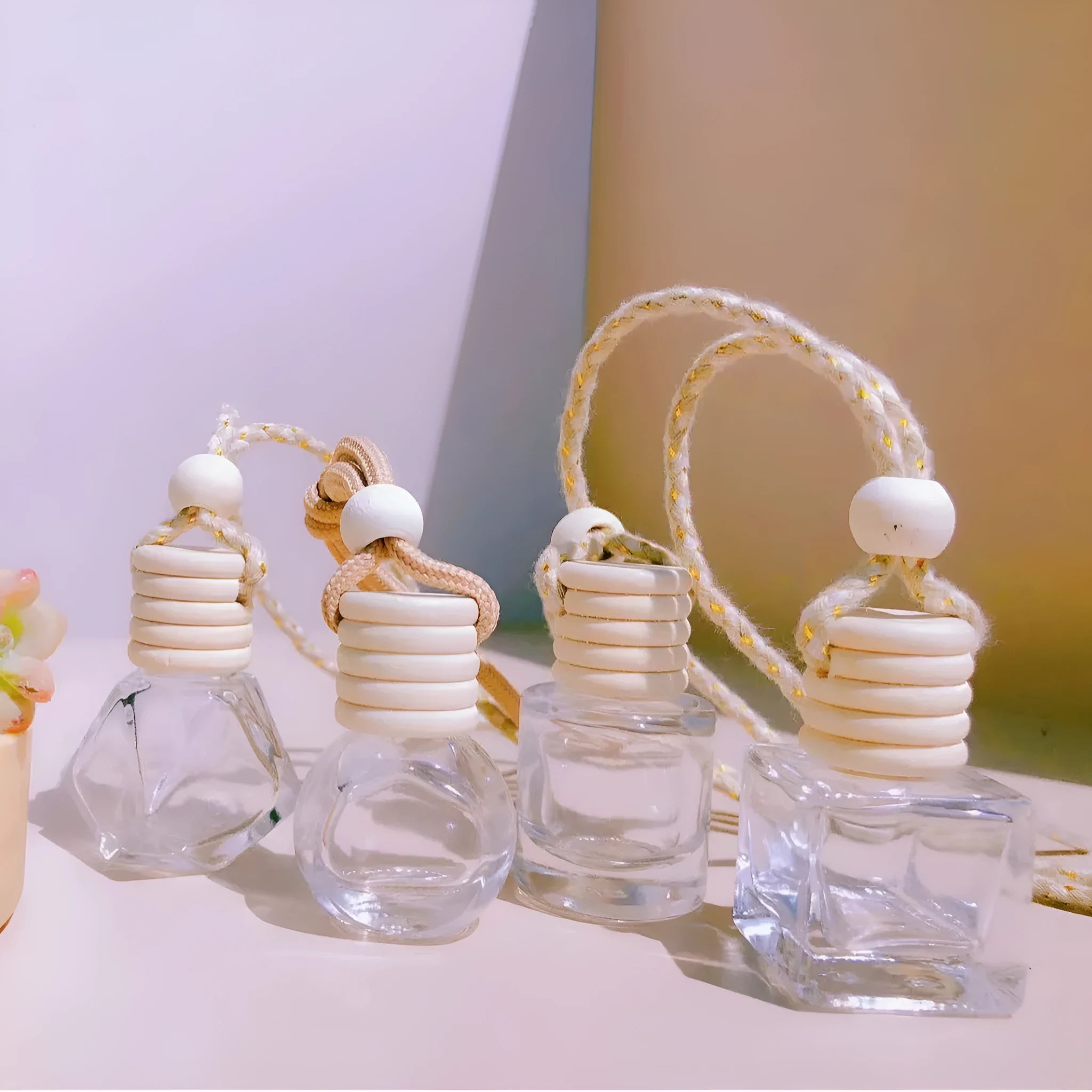 Car perfume pendant fragrance with glass bottle in cylinder, diamond, flat drum and square shape options