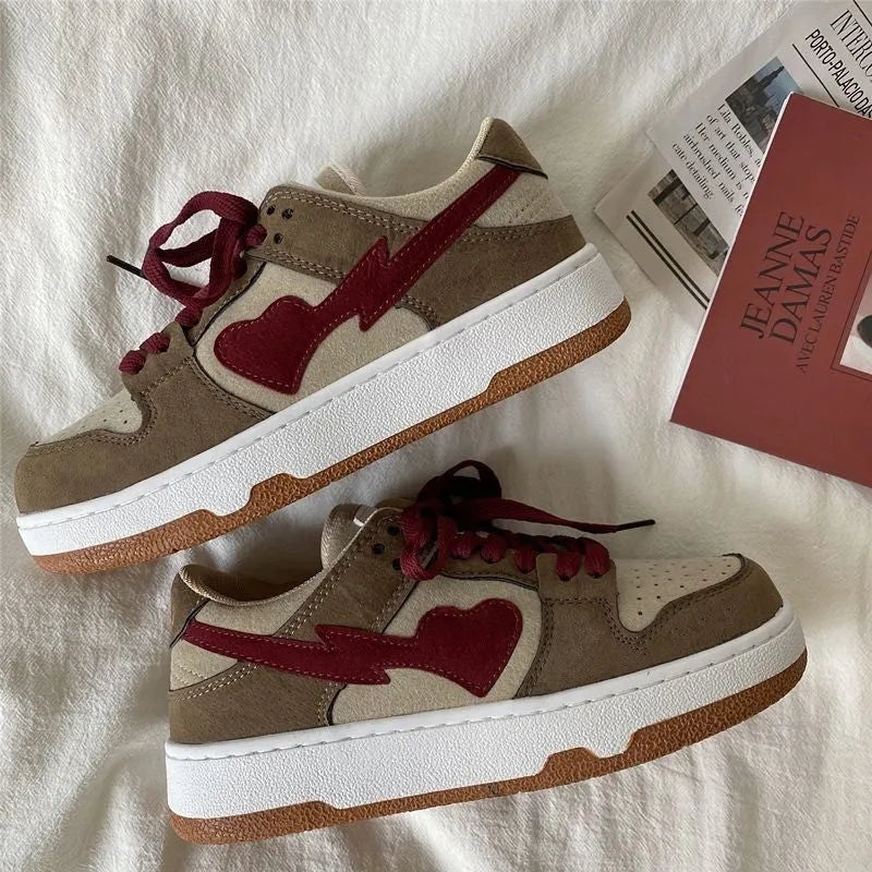Women's brown PU leather casual bread shoes with round toe, low top, and mid heel, front lace-up closure