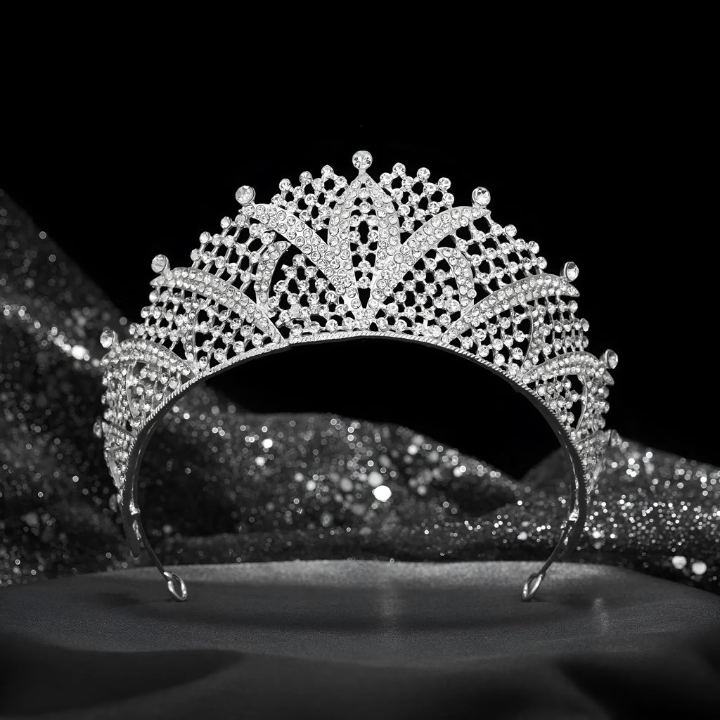 Silver white zircon full diamond alloy crown headband for women on white background