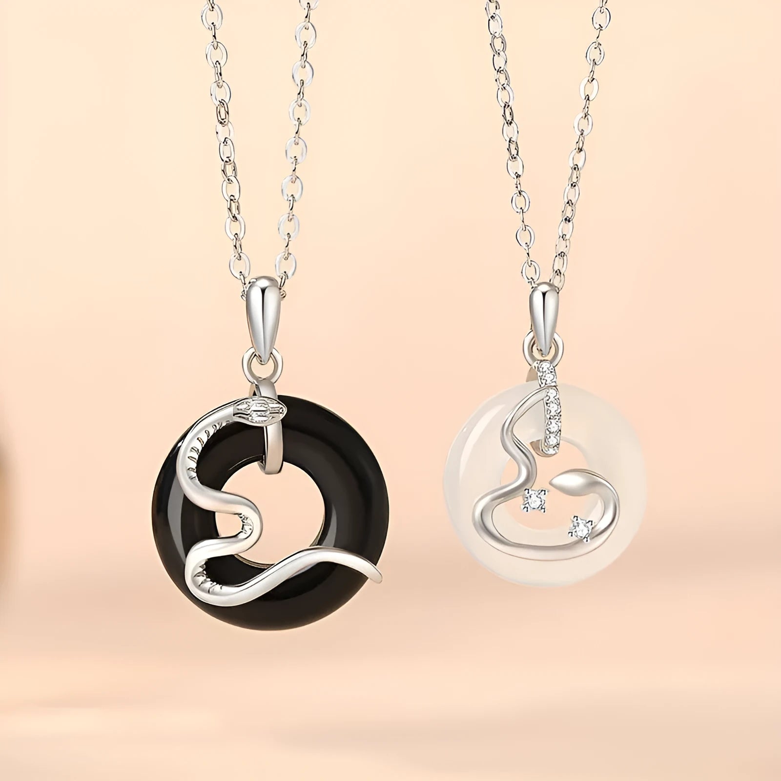 Chinese style 925 silver snake couple necklace with O-ring chain and Peace Buckle pendant in black finish