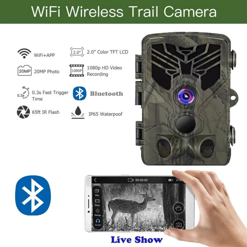 WiFi830 hunting camera with camouflage design showing display screen and lens