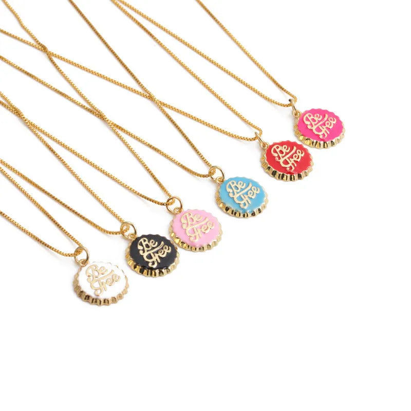 Gold-plated bottle cap pendant on a 40 cm copper box chain necklace, shown in various colours.