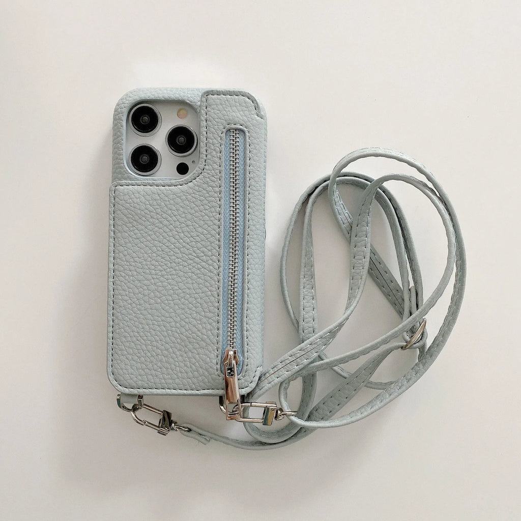 Lychee pattern phone case with card slot beauty mirror and crossbody strap in beige colour