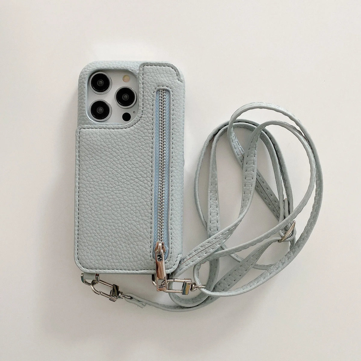 Lychee pattern phone case with card slot beauty mirror and crossbody strap in beige colour