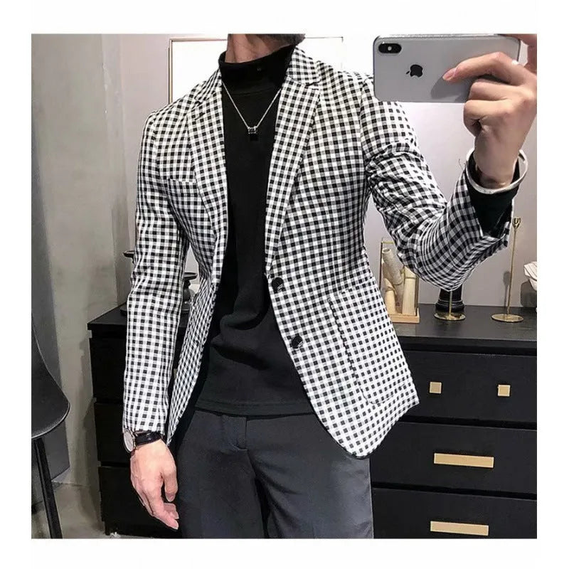 Black and white plaid casual jacket for youth, cotton blend, loose fit, sizes M to 2XL