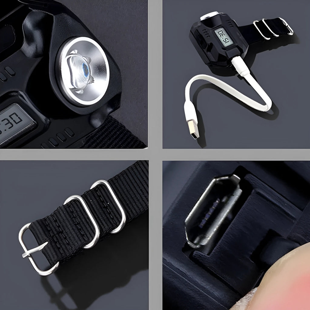 Rechargeable LED display wrist watch flashlight with CREE XPE bulb and nylon strap on outdoor background