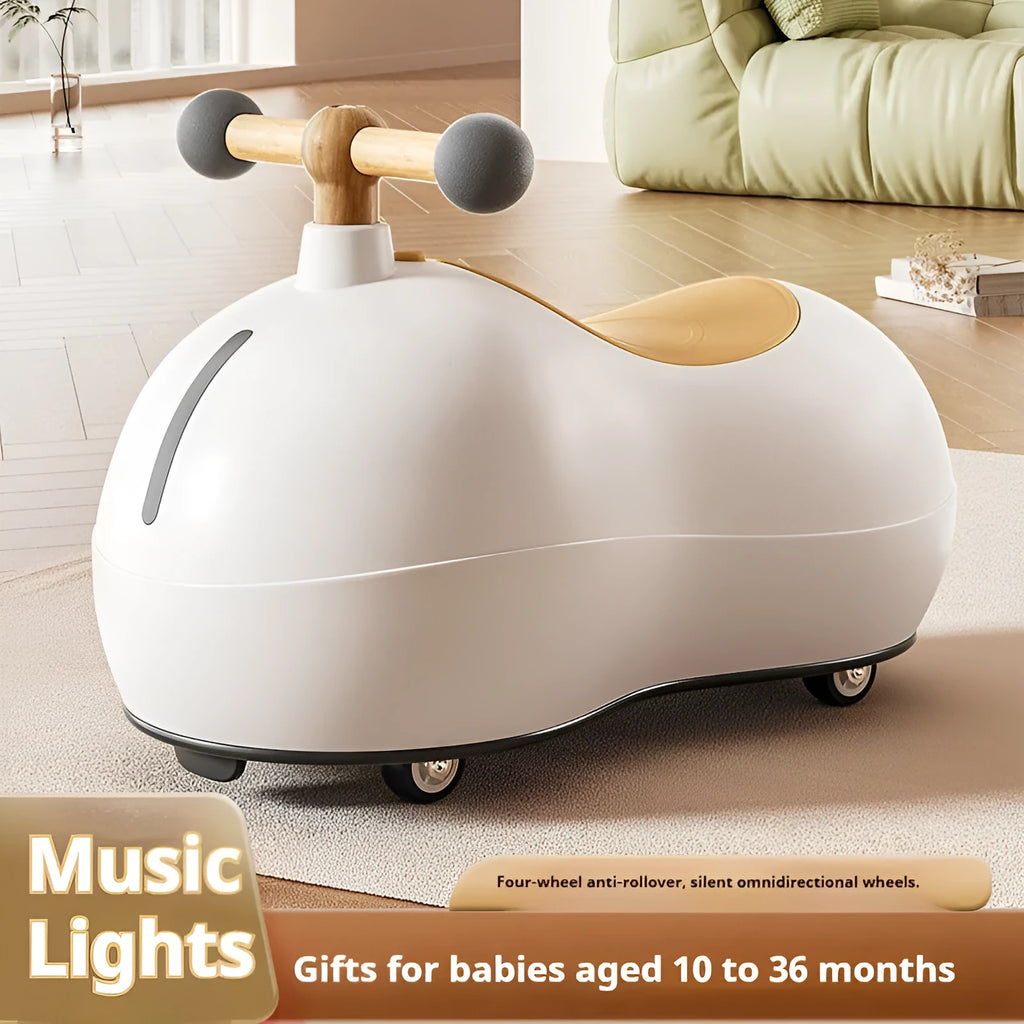 Plastic baby balance walker car with universal sliding wheels for ages 1-3, available in milky white, cherry blossom pink or pine green