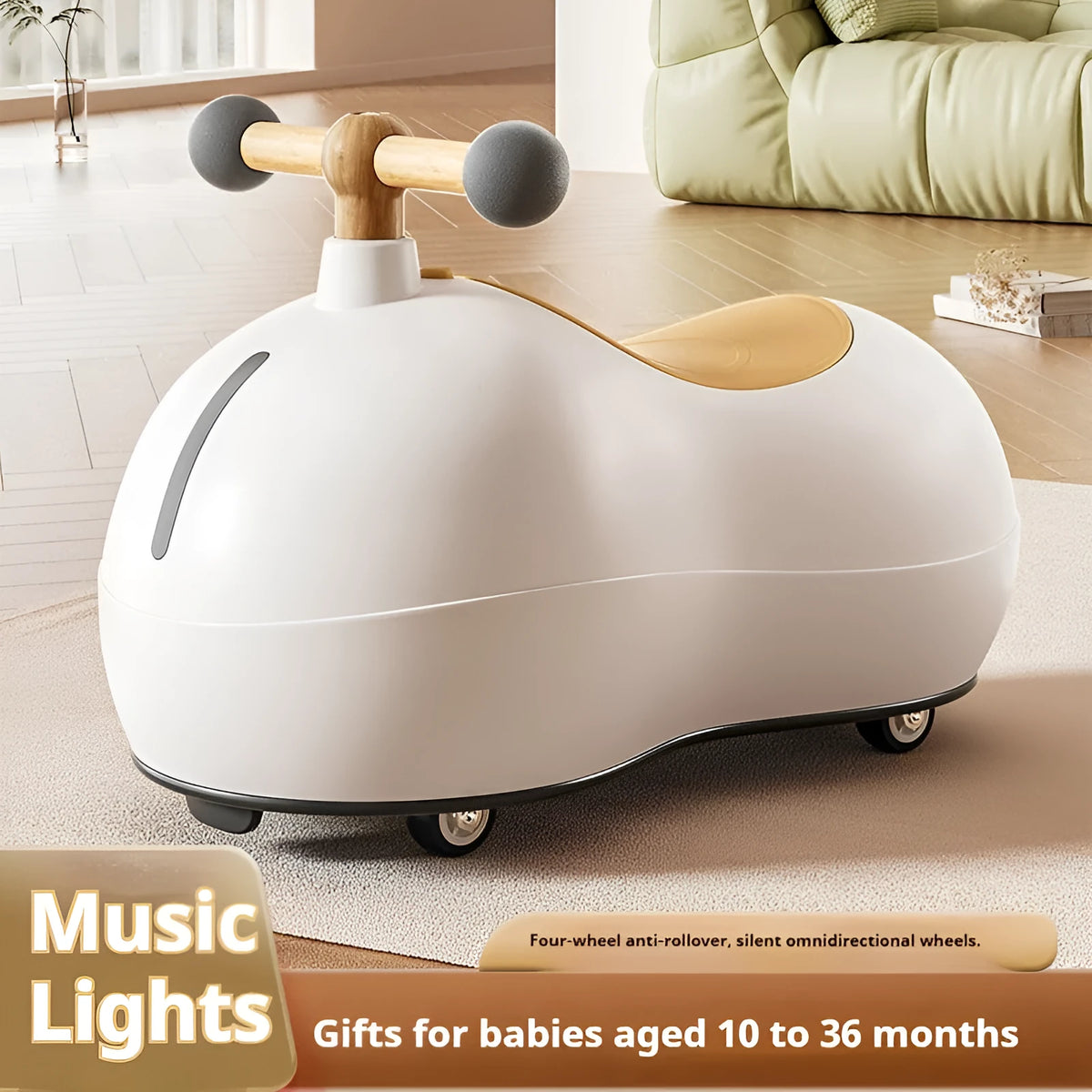 Plastic baby balance walker car with universal sliding wheels for ages 1-3, available in milky white, cherry blossom pink or pine green