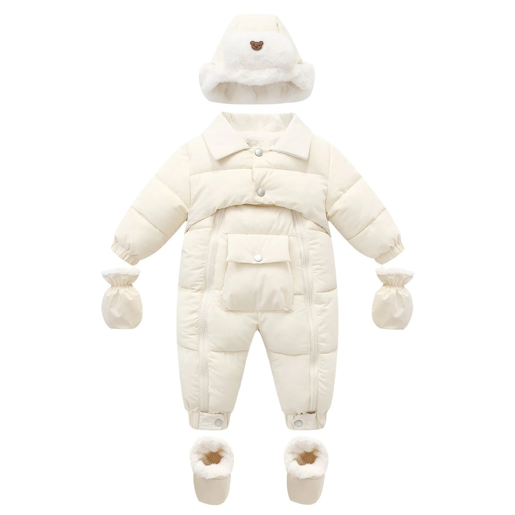 Thickened baby crawler suit with detachable hood in white, long jumpsuit with zippered front and matching hat, gloves and shoe covers