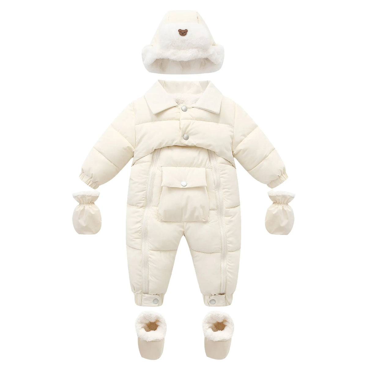 Thickened baby crawler suit with detachable hood in white, long jumpsuit with zippered front and matching hat, gloves and shoe covers