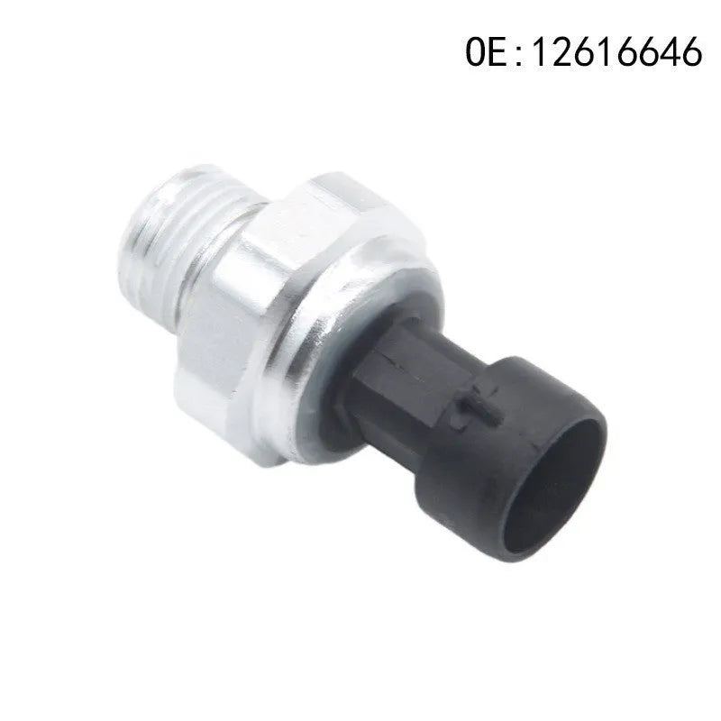Silver metal fuel pressure sensor for automotive applications with model numbers displayed
