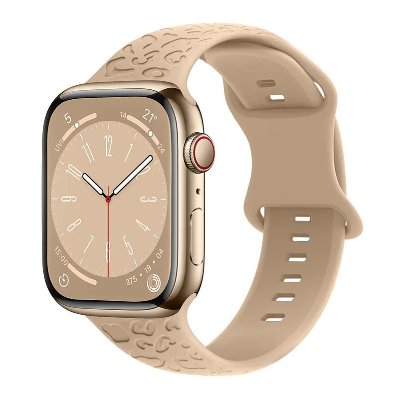 Leopard print silicone watch strap for iWatch 1-9 generation Ultra 3 with 8-word buckle, shown in black and brown